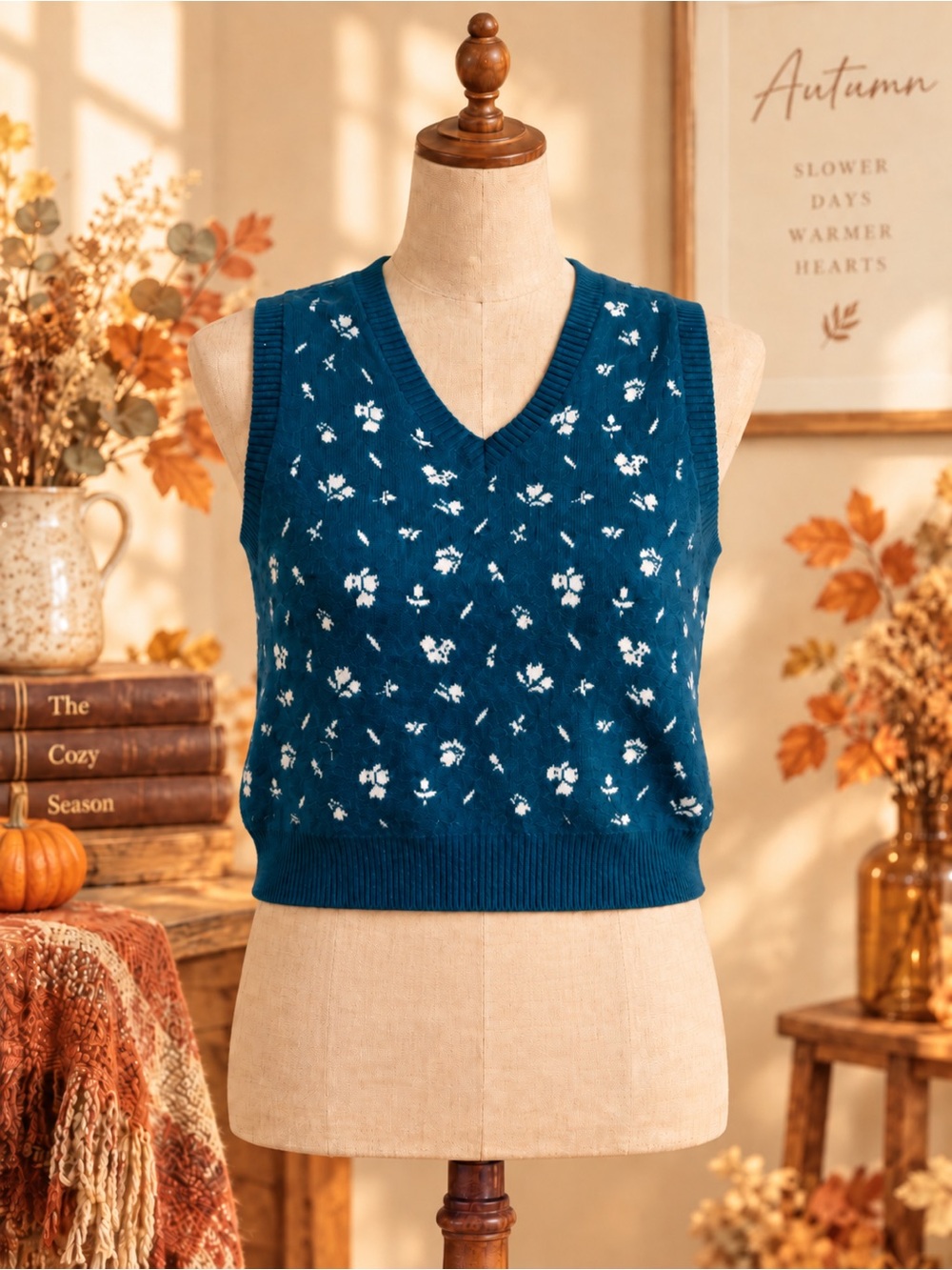 wonder nation Teal V-Neck Floral Knit Sweater Vest